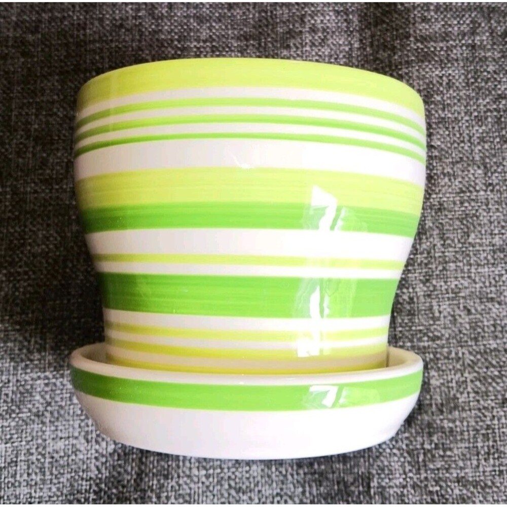 Planter 5 Inch Ceramic Green White Stripe Over And Back Attached Water Catchment